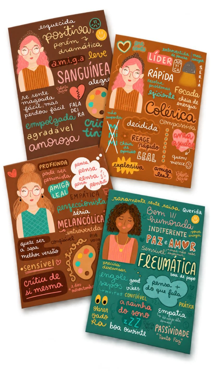 Bônus exclusivo: ilustrações das características da sanguínea, colérica, melancólica e fleumática, criadas por Roberta Fázio