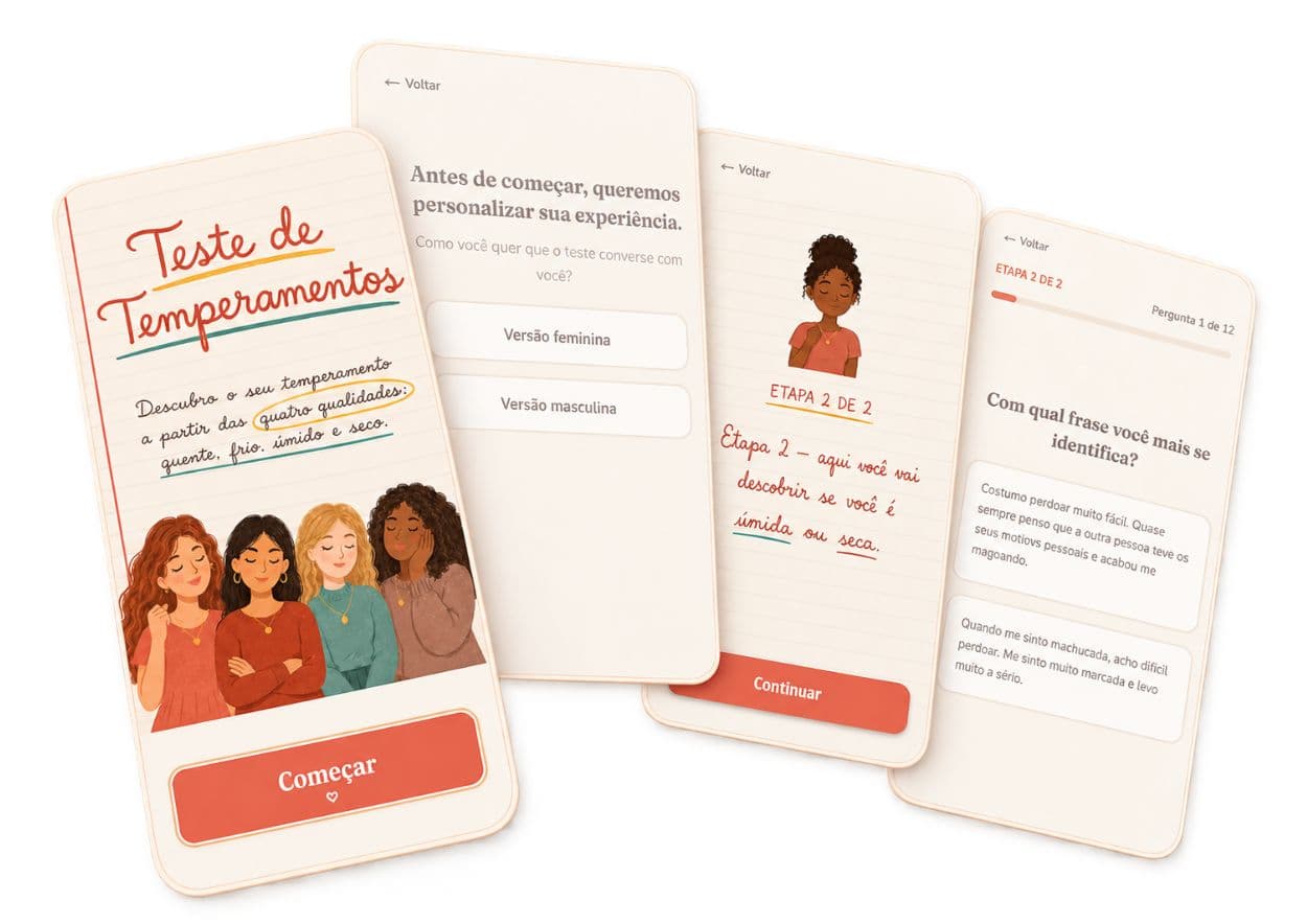 Telas do Teste de Temperamentos no celular: tela inicial, escolha da versão, início da etapa 2 e uma das perguntas